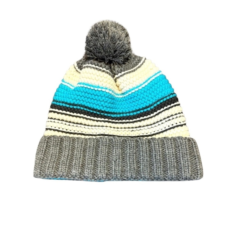 Unisex Women Men Blue Gray White Striped‎  Beanie Hat PomPom One Size NWOT